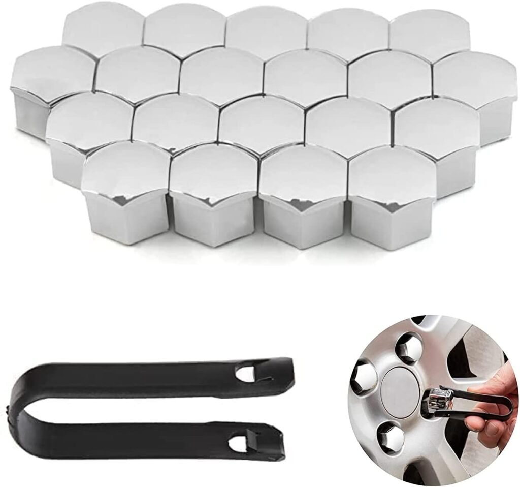 QUOTRE 20 Pièces Capuchons d’écrou de Roue, 17 mm Anti-poussière Couvercle de Jante placage Hexagonal Chrome Boulon Couvre Roue Cache-écrous Bouchon d’Écrou de Roue avec Ensemble Outil, Argent