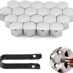 QUOTRE 20 Pièces Capuchons d’écrou de Roue, 17 mm Anti-poussière Couvercle de Jante placage Hexagonal Chrome Boulon Couvre Roue Cache-écrous Bouchon d’Écrou de Roue avec Ensemble Outil, Argent