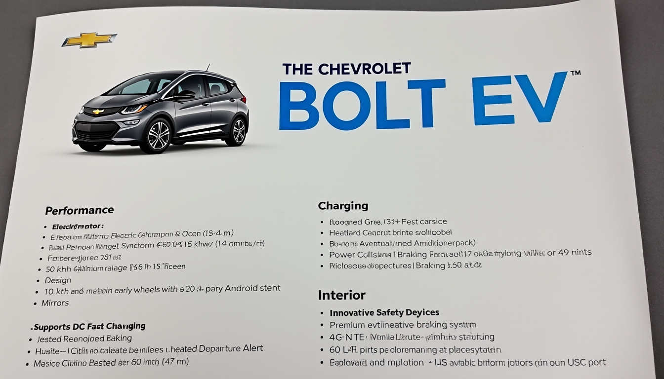 découvrez la fiche technique complète de la chevrolet bolt ev, une voiture électrique innovante alliant performance, autonomie et technologies avancées. idéale pour les conducteurs soucieux de l'environnement, la bolt ev offre une expérience de conduite agréable avec ses caractéristiques techniques détaillées.