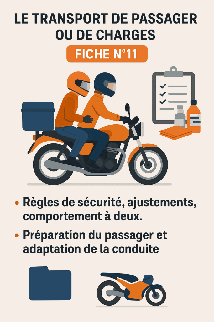 Fiche moto 11 :11. Transport de passager ou de charges
Règles de sécurité, ajustements, comportement à deux.
Préparation du passager et adaptation de la conduite.
