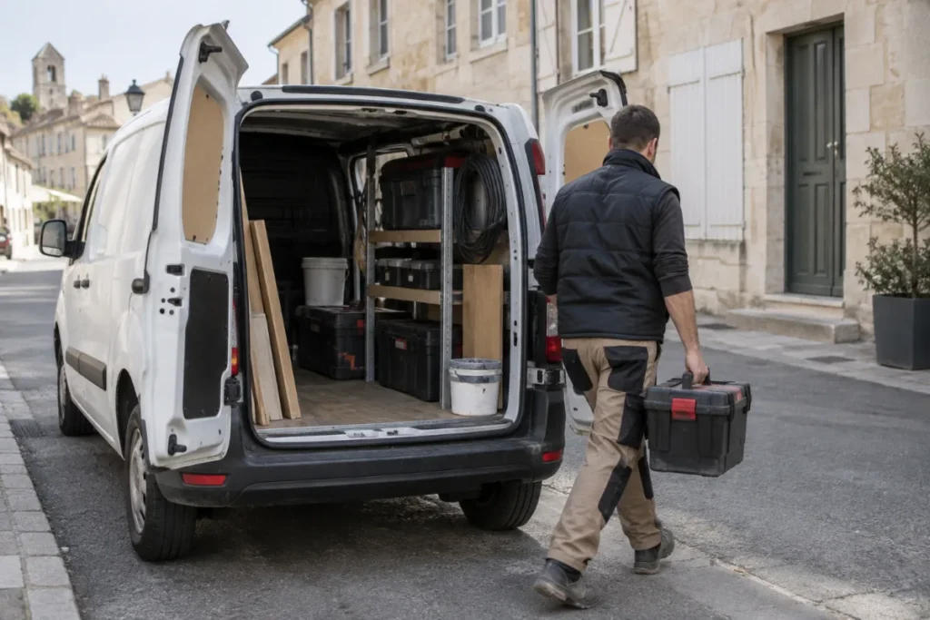 Petit ludospace utilitaire blanc chargé de matériel dans une rue