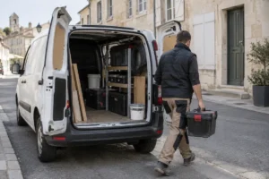 Petit ludospace utilitaire blanc chargé de matériel dans une rue