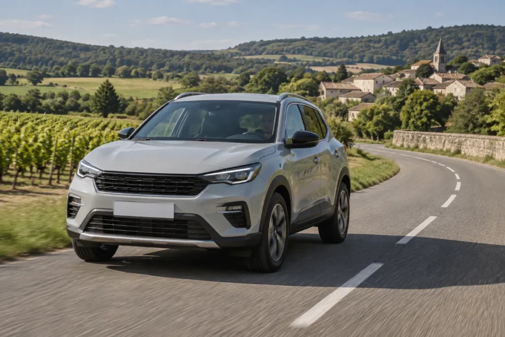 Citadine polyvalente sur une route de campagne française
