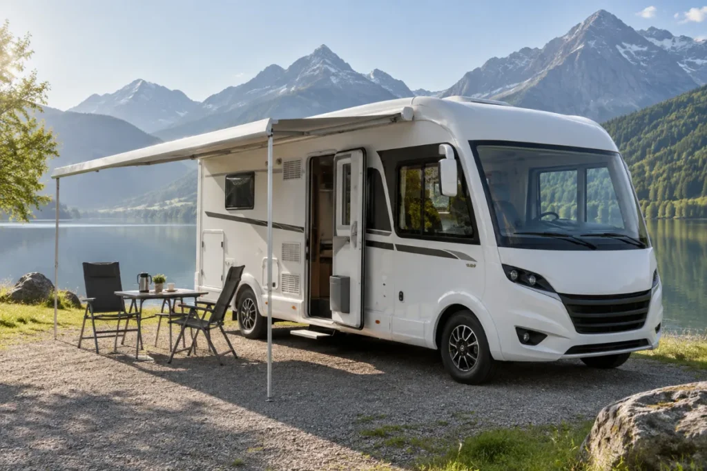 Camping-car profilé moderne stationné au bord d’un lac