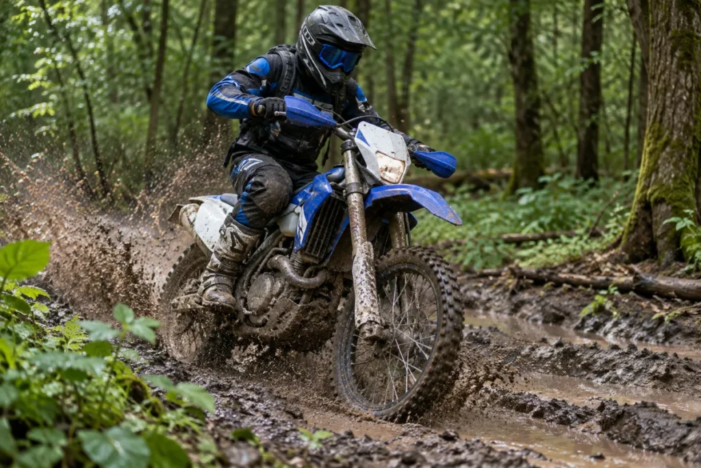 Moto enduro bleue sur un chemin de terre en forêt