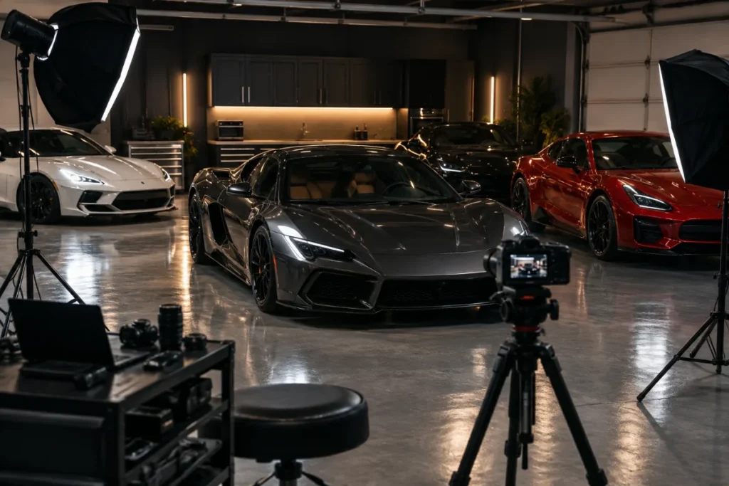 Garage de voitures de sport de luxe avec matériel de tournage vidéo