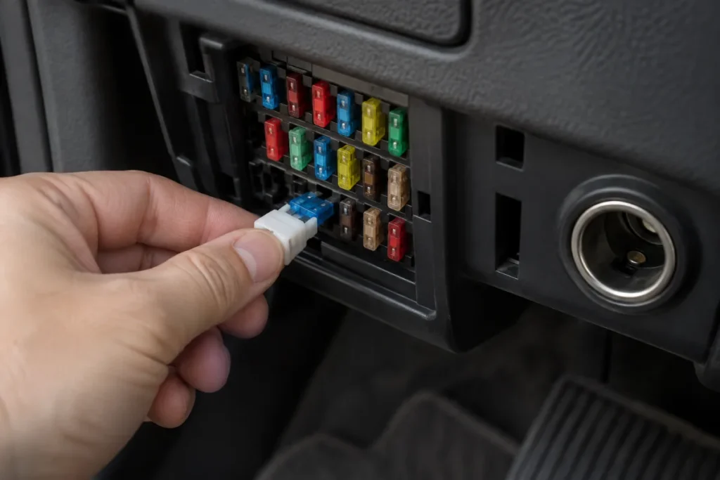 Boîte à fusibles de voiture ouverte avec une pince et un fusible