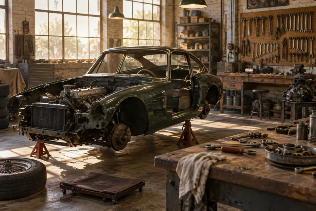 Atelier de restauration de voiture ancienne avec outils anciens