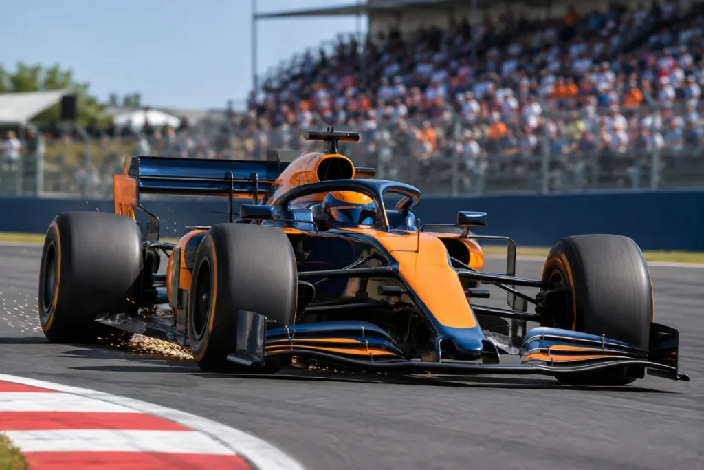 Monoplace de Formule 1 moderne orange en piste