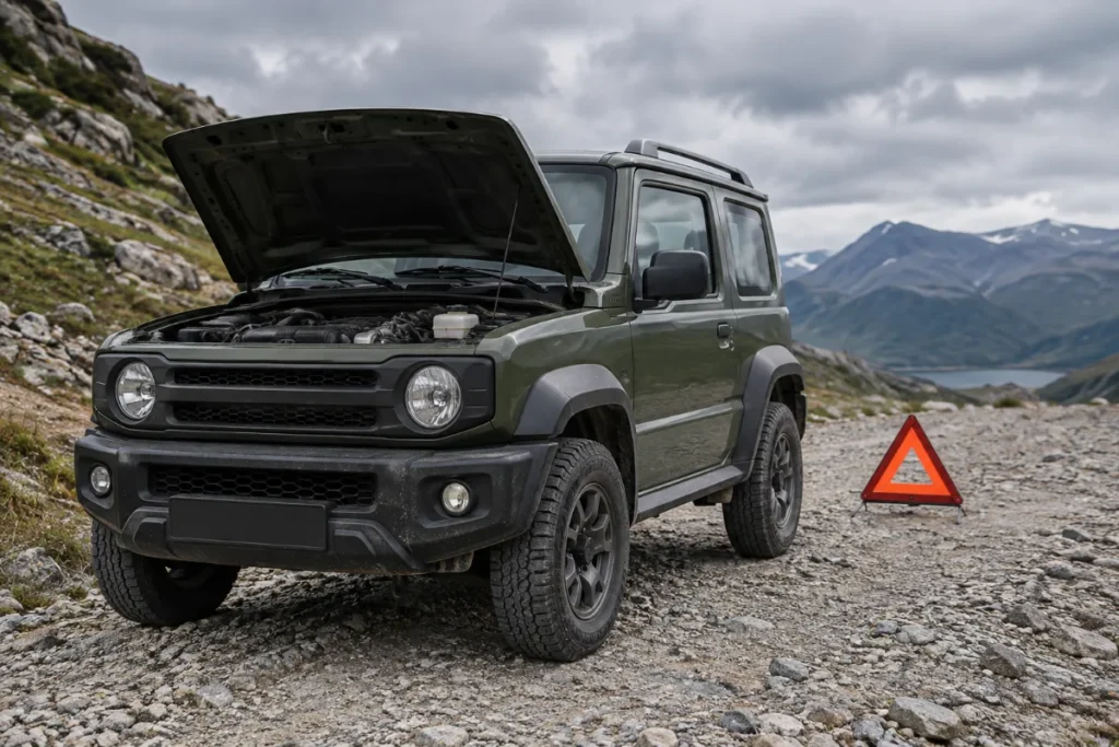 SUV compact carré tout-terrain sur un chemin rocailleux