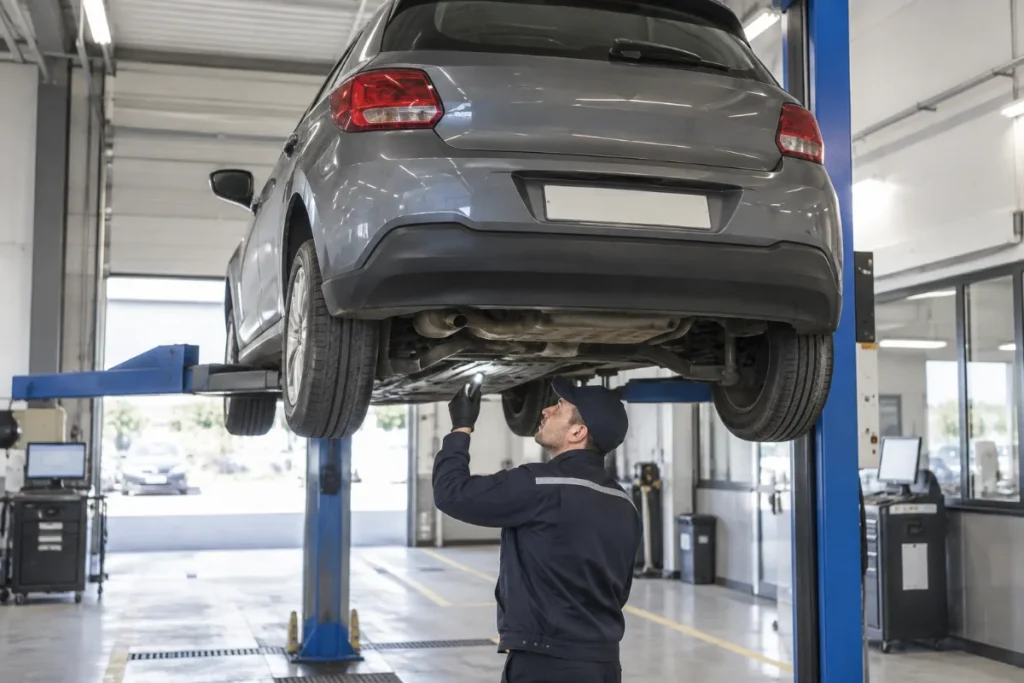 Citadine en contrôle technique sur un pont élévateur
