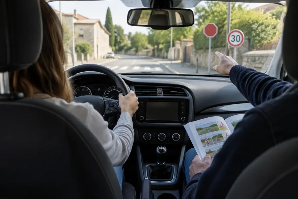 Élève au volant avec panneaux de signalisation et livret du code