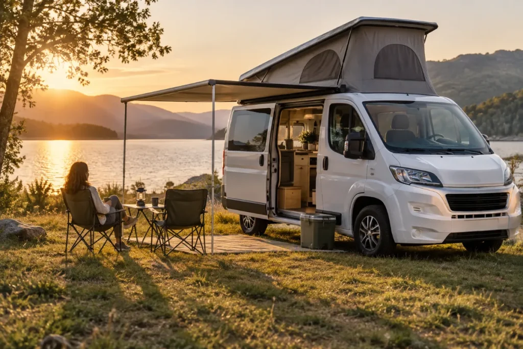 Van aménagé compact garé en pleine nature au coucher du soleil
