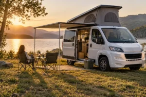 Van aménagé compact garé en pleine nature au coucher du soleil